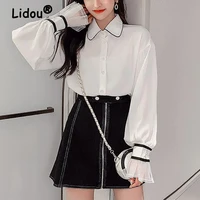 black and white patchwork petal sleeves chiffon shirt turn down collar long sleeve open stitch blouse korean casual clothing