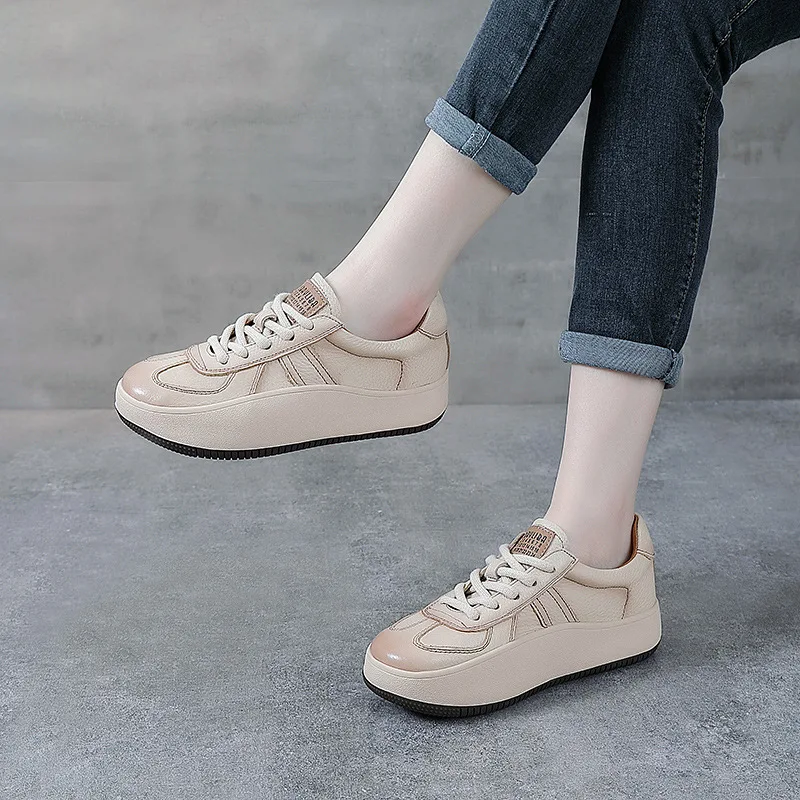 Autuspin Retro Cow Leather Sports Shoes Women Spring/Autumn Chunky Low Heels Round Toe Working Office Ladies Leisure Shoes 35-40