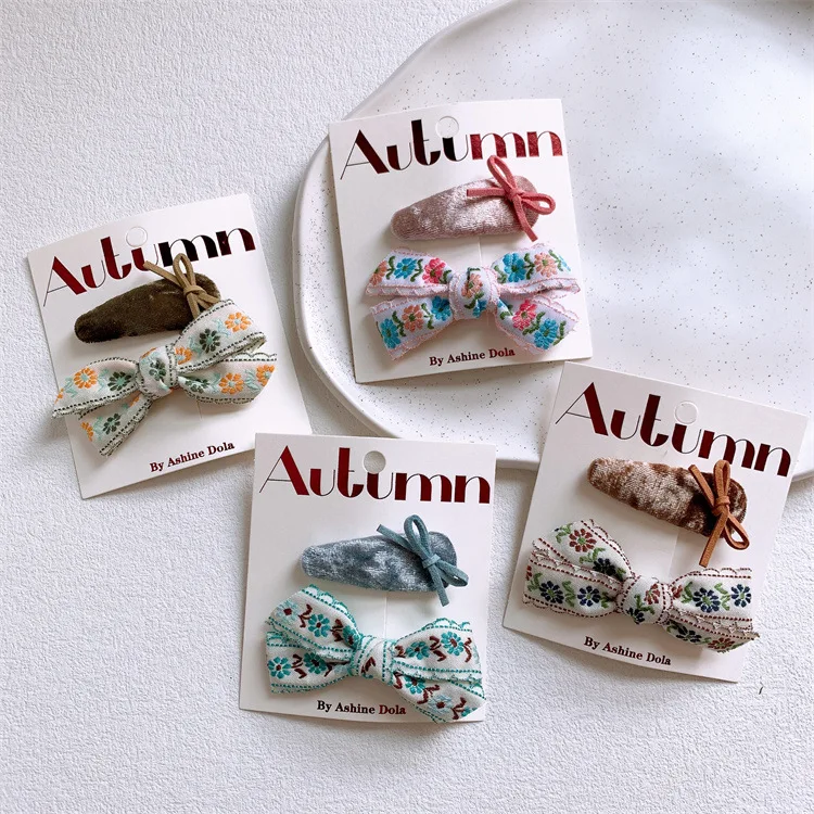 

New Children's Embroidered Flower Bow Hair Clip Cute Girls' Solid Color Water Drops Bb Clip Hair Clips Hairpins