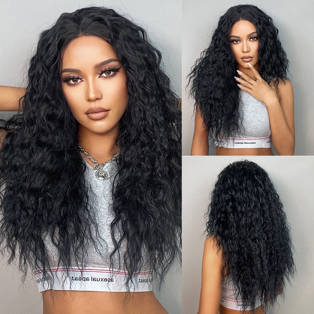 

HENRY MARGU Long Kinky Curly Lace Front Synthetic Wigs Natural Middle Part Black Lace Hair Wig for Black Women Heat Resistant