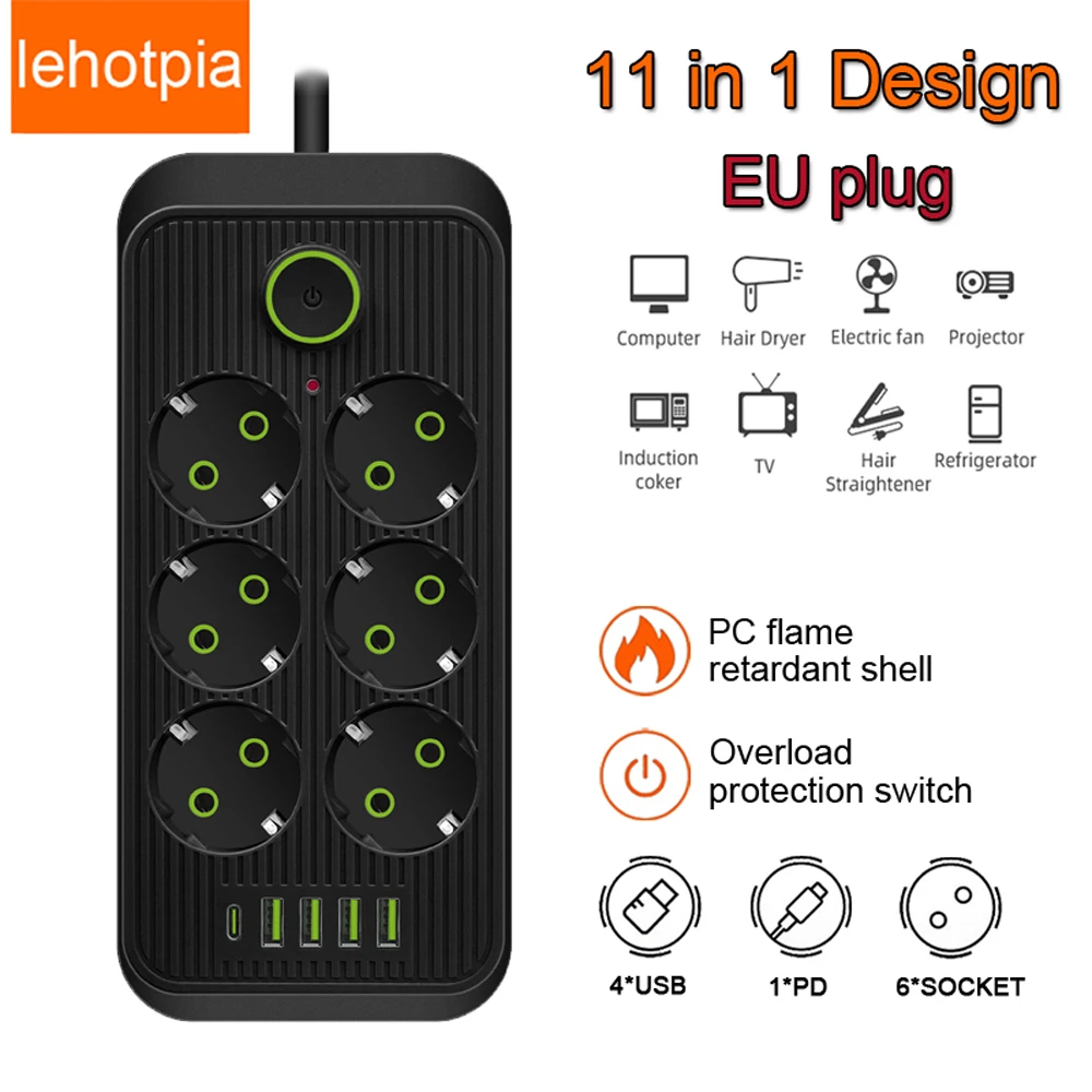 

Multiprise EU Plug Outlet Smart Power Strip Network Filter With USB Type C Extension Cord Round Pin Electrical Socket AC Adapter