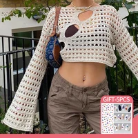 2022 women y2k hollow out cropped knit smock top vintage loose round neck streetwear crochet pullovers casual chic crop cloth