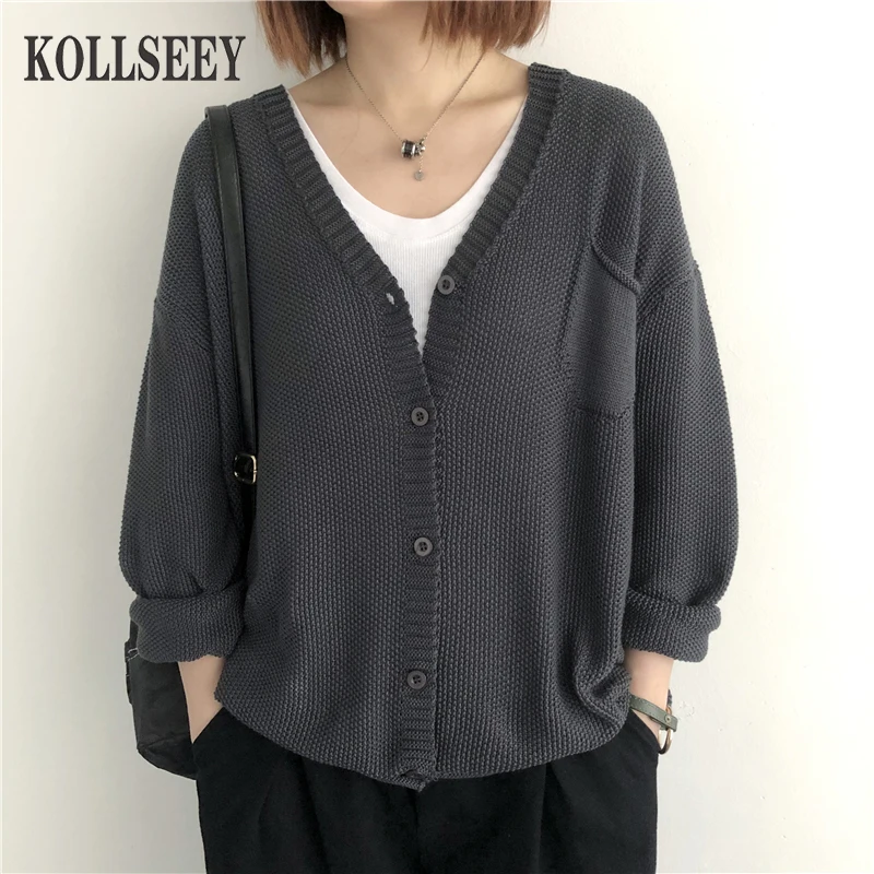 

Ladies Sweater Knitted Cardigan Coat Women's 2022 New Long-sleeved Loose V-neck Tops Literary Casual Short Sweaters