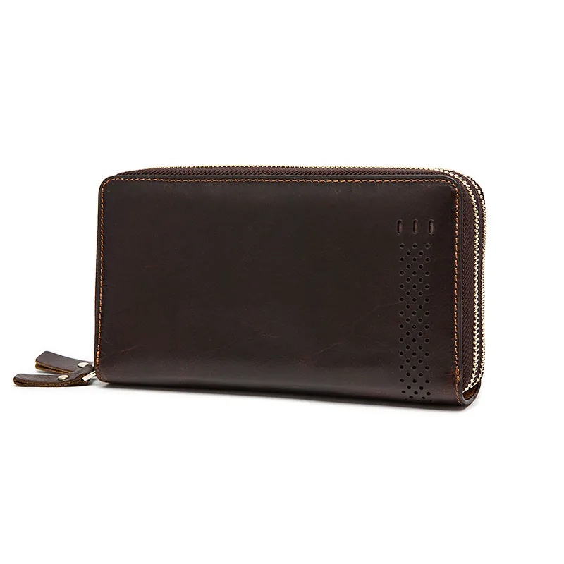 

Деловой мужской кошелек из натуральной кожи с двойной молнией, винтажный большой бумажник с монетницей для телефона, кожаный клатч на молни...