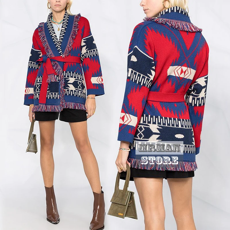 

luxury designer women vintage hippie weatern Tassel Indian ethnic cowboy print Knitted Cardigan Casual oversized Sweater jumper