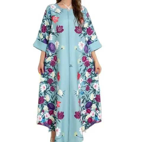 Kuwaiti Women's Galabia Dubai Luxury Beaded Vintage Floral Printed Dresses For Prom Muslim Woman Abaya Moroccan Kaftan Party