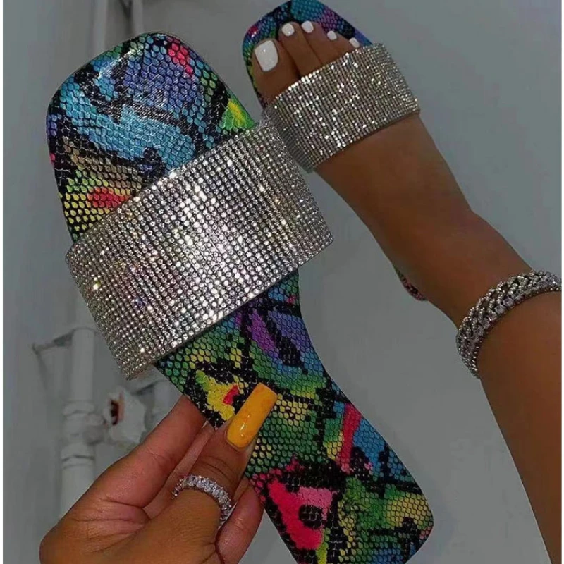 

Slippers Women 2022 Summer New Fashion Flip-Flops Color Snake Trend Rhinestone Square Toe Ladies Flat Shoes Casual Women's Shoes