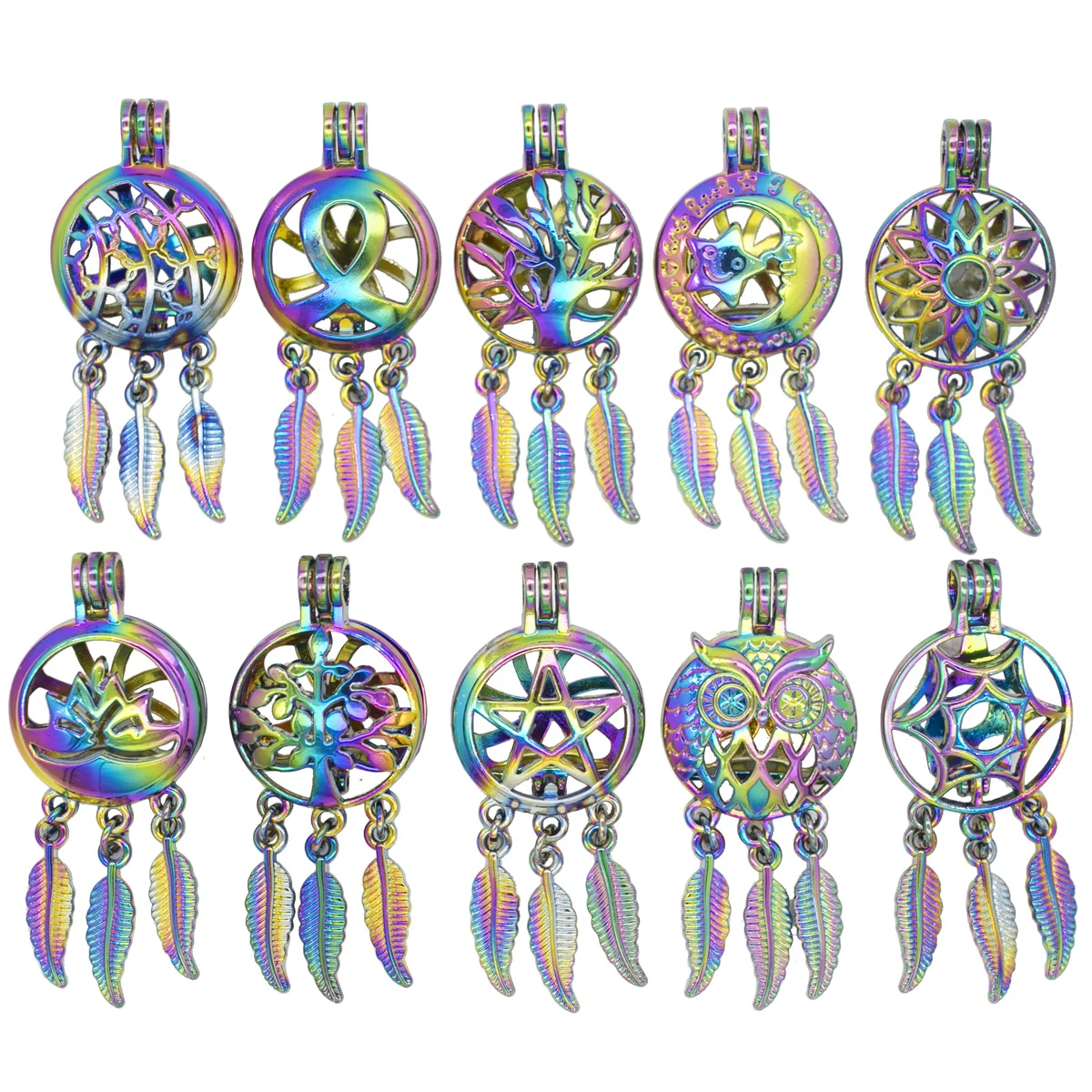 

5pcs Rainbow life Tree Owl Sun Flower Moon Pearl Cages Pendant Essential Oil Diffuser Locket Jewelry Making Necklace DIY