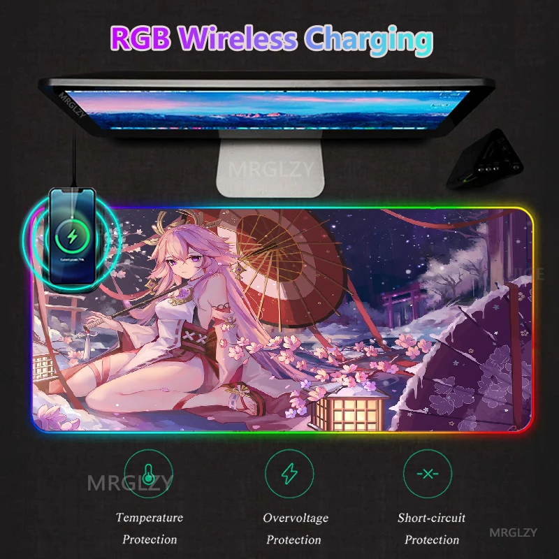 

Genshin Impact Shenhe RGB LED Mouse Pad with Wireless Charge Rugs Sexy Yae Miko Gaming Accessories Desk Mats Typec Mat Mouse Pad