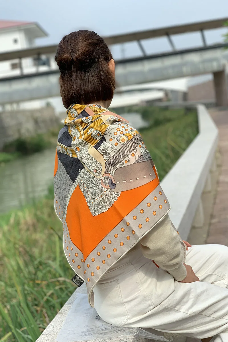 Женский зимний шарф седло из оранжевой шерсти Пашмина большой квадратный 140 см