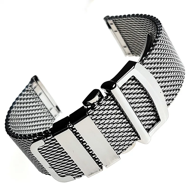 20MM 22MM Silver High-quality Stainless Steel Pilot Folding Buckle Milan Mesh Strap with With Quick Release Spring Bar