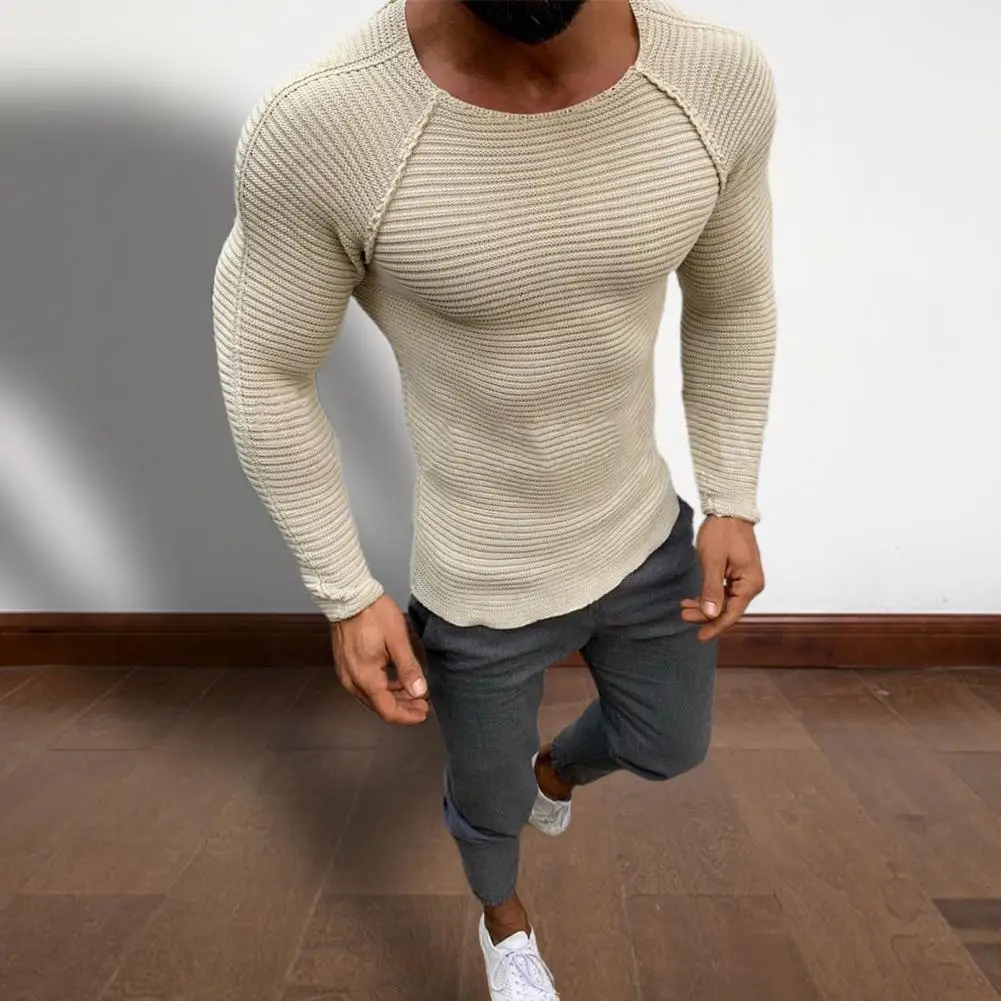 

Autumn Sweater Chic Knitting Pullover Base Sweater Round Neck Stripe Texture Sweater