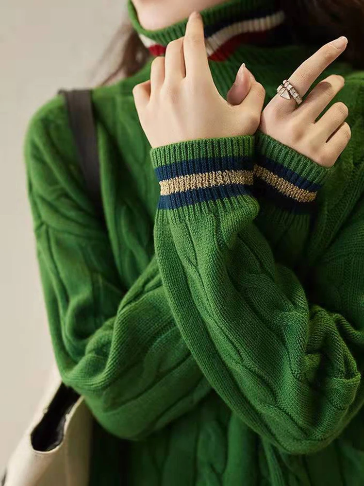 

2022 Winter Autumn Fashion Women's Green Sweater Female Classic Twist Elegant Loose Pullovers Turtle Neck Casual Loose Knitwear