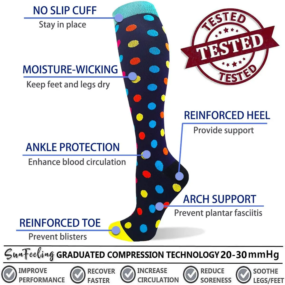 5 Pairs  Women and Men Compression Socks Long Tube Pressure Men Socks 15-20 mmHg-Best for Running Medical Nurse Travel Cycling