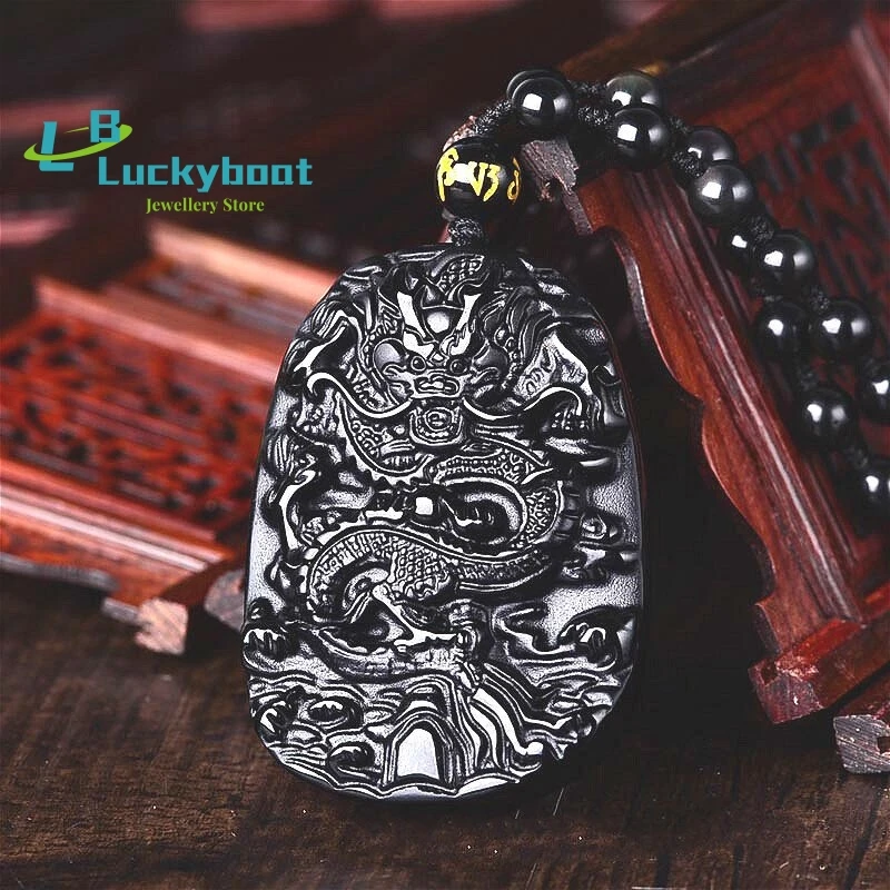 

Natural Black Obsidian Dragon Pendant Beads Necklace Fashion Charm Jewellery Hand-Carved Lucky Amulet Gifts for Her Women Men