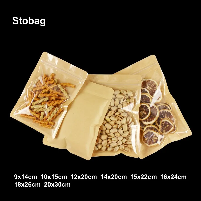 

StoBag 50pcs Kraft Paper Food Packaging Ziplock Bag Clear Sealed for Candy Tea Nuts Snack Dry Fruits Storage Reusable Gift Pouch