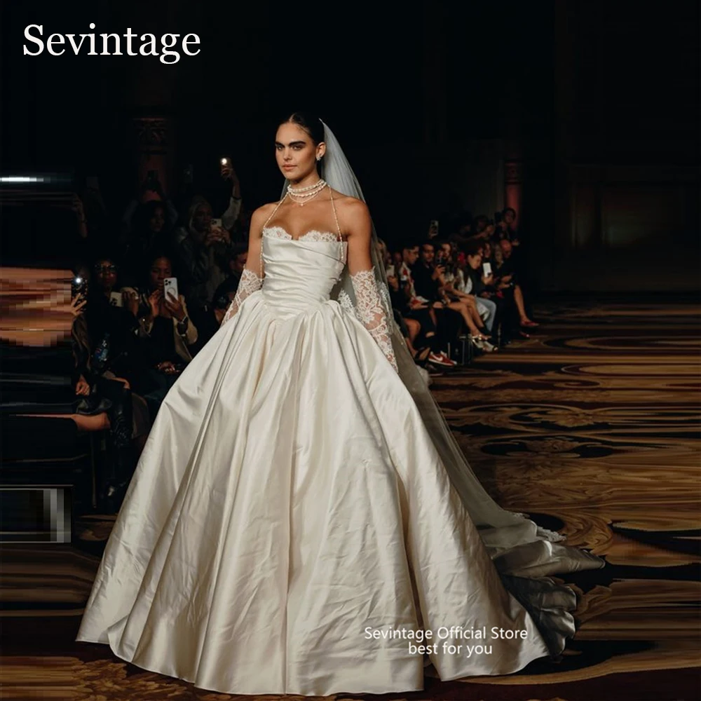 Sevintage Роскошные атласные свадебные платья Милые кружевные трапециевидной формы