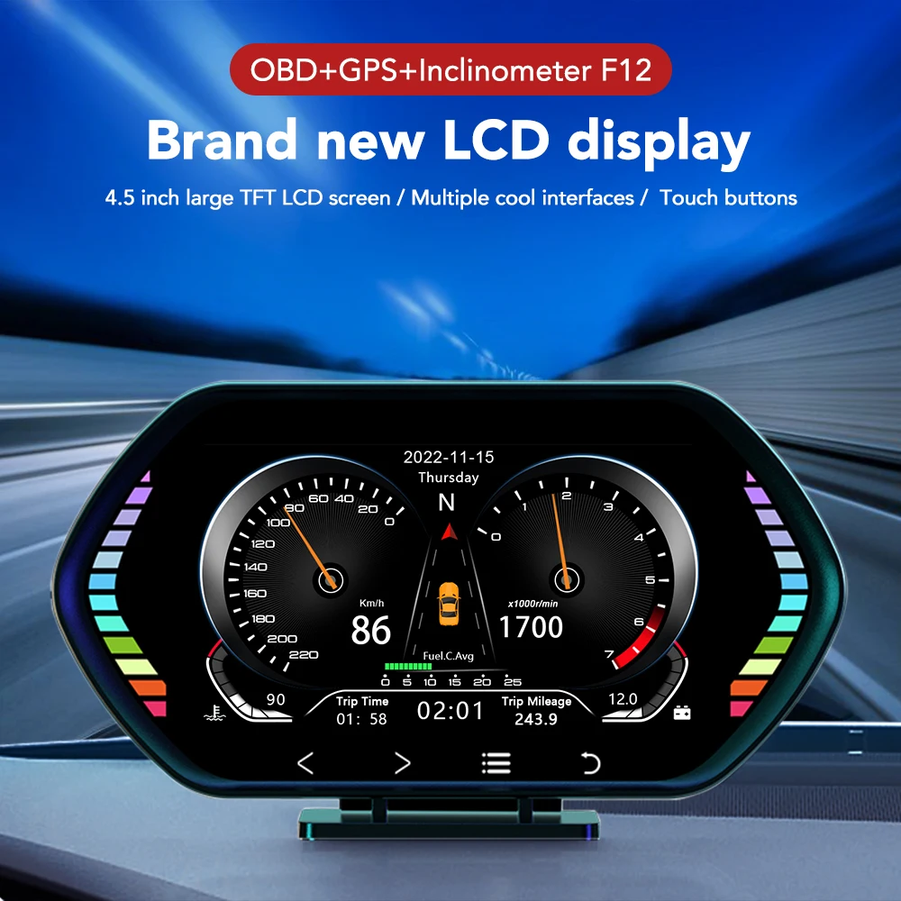 

Car Head Up Display OBD2 GPS Dual System HUD 4.5 Inch LCD Digital Speedometer Inclinometer With Time Week Touch Buttons Lights