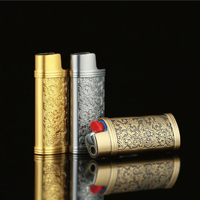 

Fashion Reusable Case Explosion-Proof Metal Armor Gas Lighter Shell For Bic J5 J6 Carved Flower Lighters Protect Box Wholesale