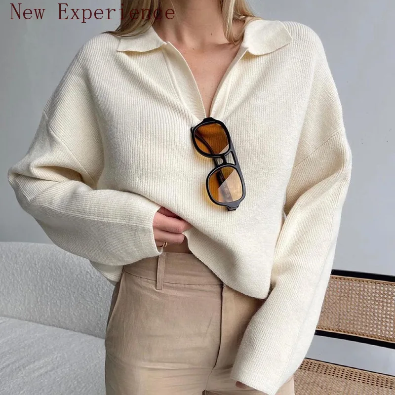 

Повседневный Однотонный свитер, простой базовый Свободный пуловер с лацканами Y2k, Осенний вязаный пуловер с лацканами, укороченный топ, базовая уличная одежда 90-х