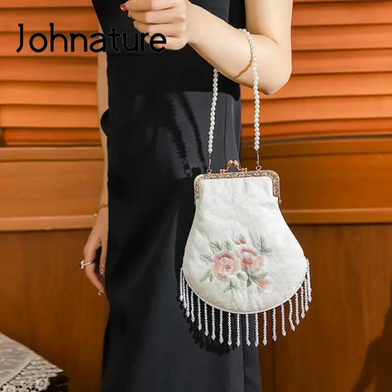 

Женская шелковая Сумочка с жемчугом Johnature, изысканная многофункциональная сумка Чонсам в античном стиле с кисточками, мини-сумка на плечо, ...