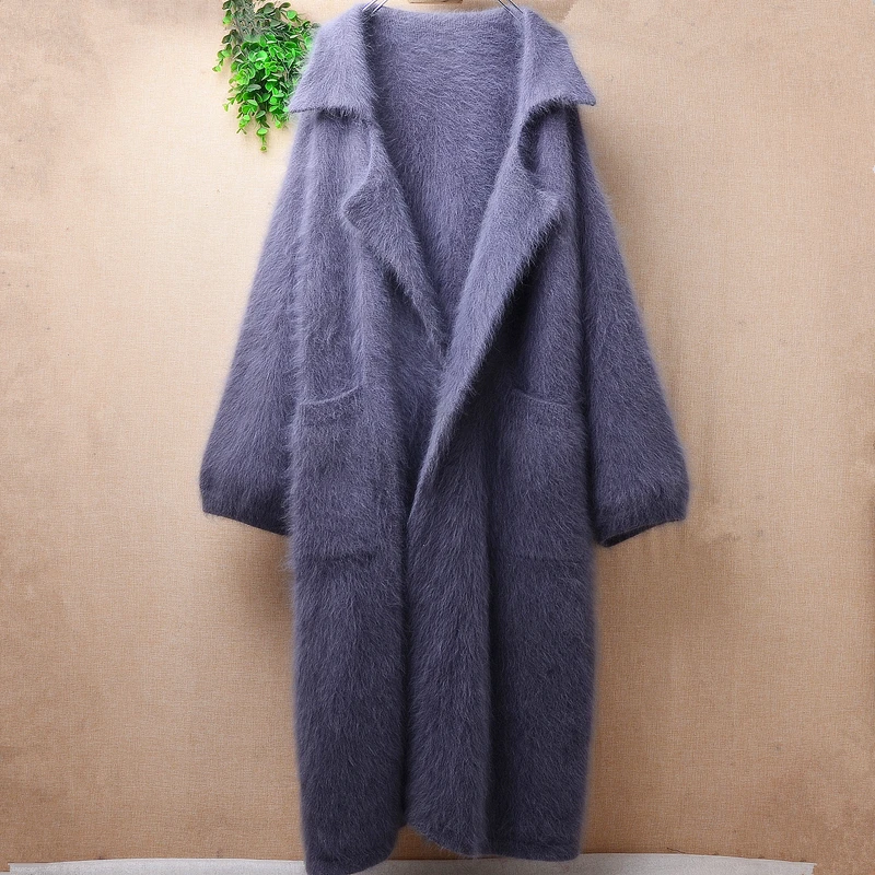 

1KG female women autumn winter clothing mink cashmere knitted suit collar long sleeves loose belt cardigan angora coat sweater