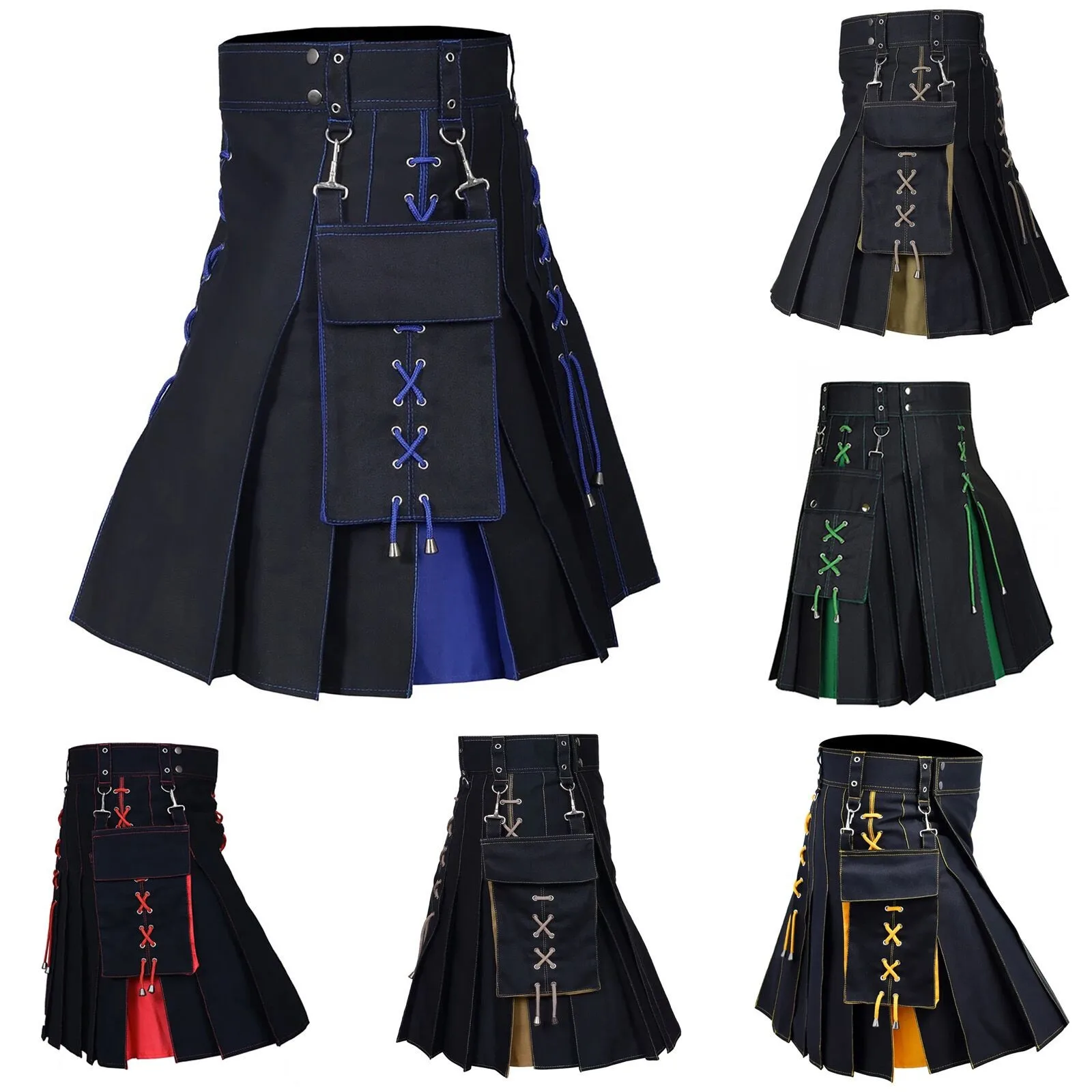 

Дизайнерское мужское шотландское платье Kilt для косплея, шотландское праздничное платье, многоцветная короткая плиссированная юбка с карманами и поясом в средневековом стиле