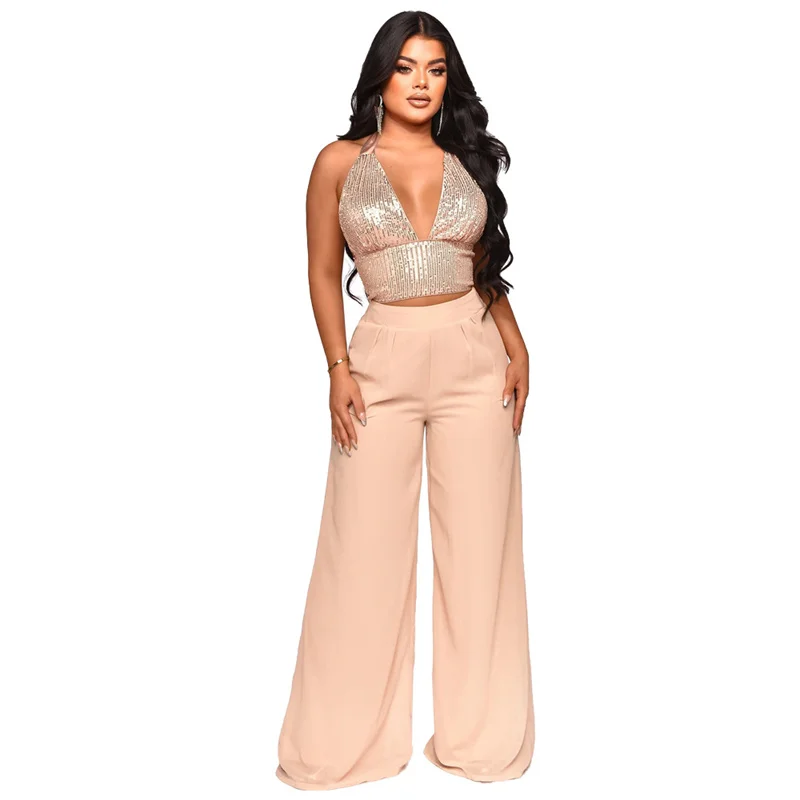 

Znaiml Elegant Glitter Sequins Birthday Two Piece Set Women Matching Sets Halter Crop Top and Chiffon Wide Leg Pants Outfits