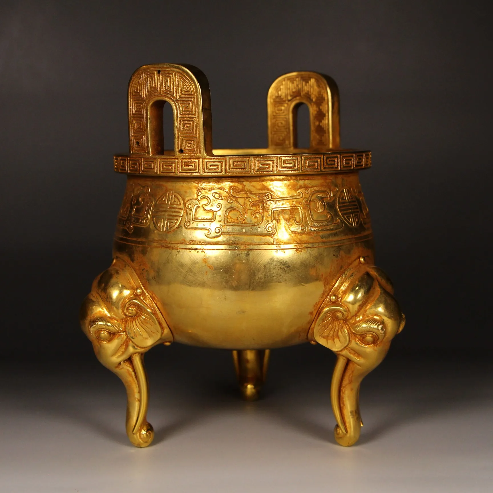 

LAOJUNLU Pure Copper Gilt Hand-Engraved Three-Legged Furnace Chinese Traditional Style Antiques Fine Art Gifts Crafts