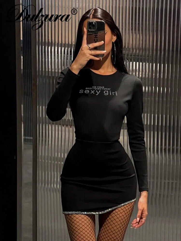 

Dulzura Autumn Bling Glitter Sequins Sexy Y2K Clothes Letter Print Long Sleeve Bodycon Mini Dress For Women 2022 Club Streetwear