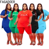 fagadoer casual plus size women two piece sets clothing female pink letter print top shorts tracksuits summer 2pcs outfit 2022