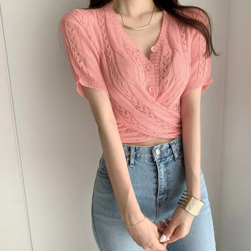 

2023 Korean Casual Cardigans Tops Chic V-neck Twisted Waist Cutout Short-sleeved Knitted Sweater T-shirts Pop Summer Female Tees