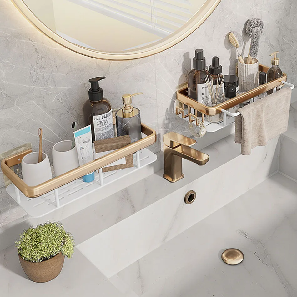 

Bathroom Shelf with Towel Bar White Gold Aluminum Wall Mounted Rectangle Kitchen Bath Soap Shampoo Storage Rack Organizer