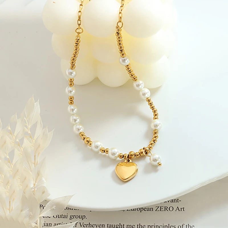 

Ожерелье ручной работы с кулоном в виде сердца с имитацией жемчуга, Женская цепочка до ключиц для женщин, ювелирные изделия из титановой ста...
