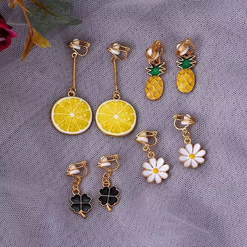 4 Pcs Korean Style Clip on Earrings No Pierced Earring for Women Flower Star Heart Fruit Ear Clip Jewelry Gift