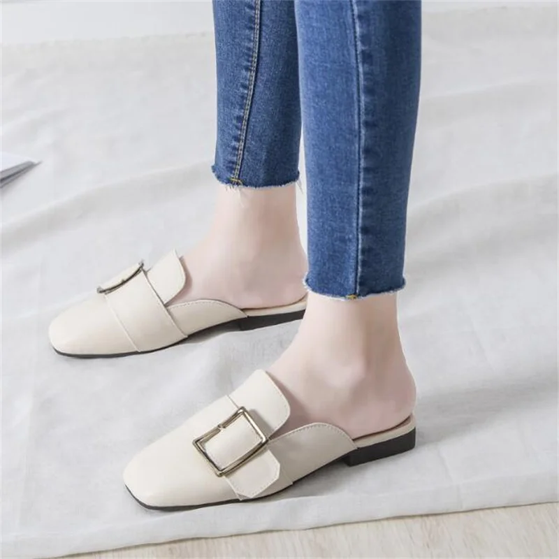 

Spring/Summer Women's Shoes Korean Metal Decoration PU Square Head Bow Slippers Baotou Flat Heel Set Half Slippers Size 42 43 44