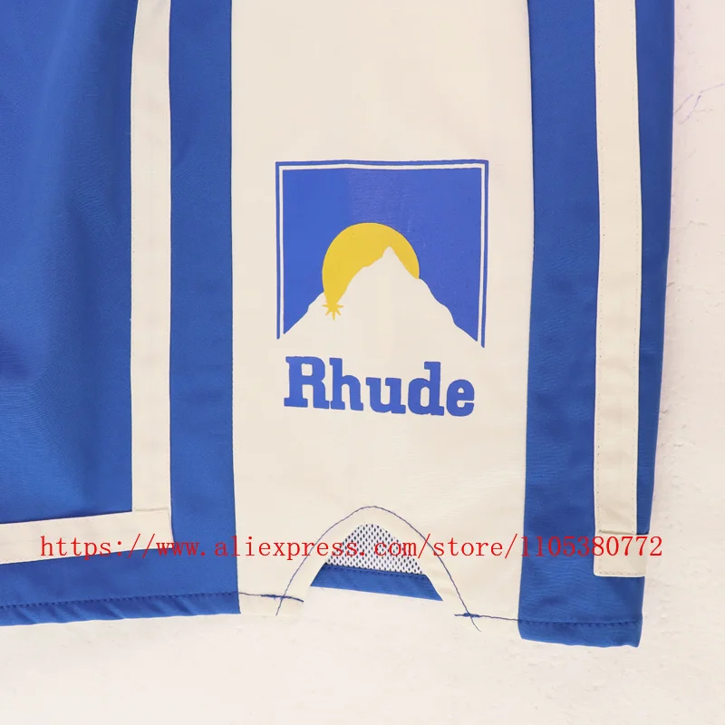 Фото Новые мужские спортивные шорты RHUDE в стиле ретро с цветными вставками, светло-голубые, на шнурке, для уличной моды, пляжные шорты №3