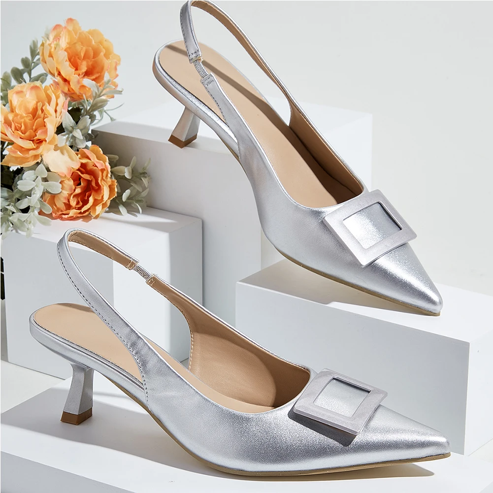 

BONJOMARISA Thin Heeled Women Pumps Solid Concise Elegant Shoes For Women Spring New Arrive Fashion Metal Decoration Women Pumps