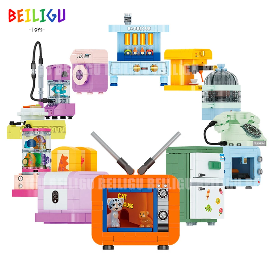 

Mini Retro Home Appliances Building Blocks City Coffee Machine Television Telephone Creation Bricks Educational Toy For Children