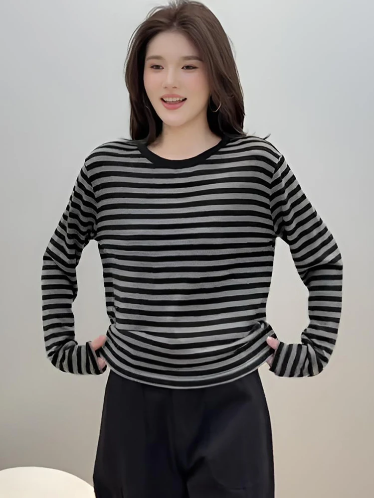 Early Autumn Contrast Color Stripe Patchwork round Neck Long sleeves Shirt Women 2024 New Popular Loose Inner wear Bottoming ...