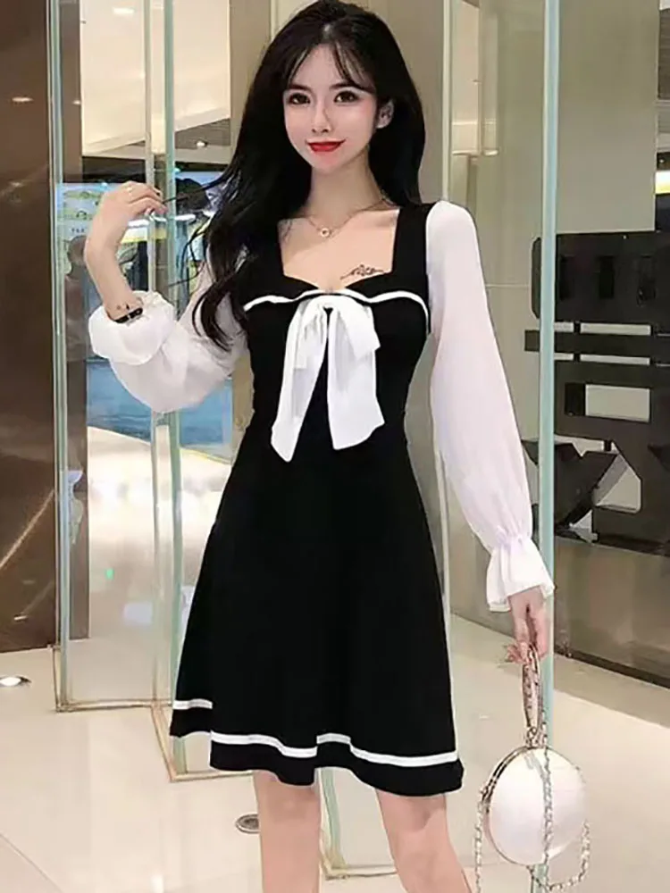 Осенне-зимнее черное лоскутное белое платье с бантом и квадратным воротником