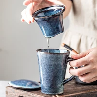 european style ceramic cup with lid tea leak household retro blue tea water separation tea cup creative mug kitchen bar supplies