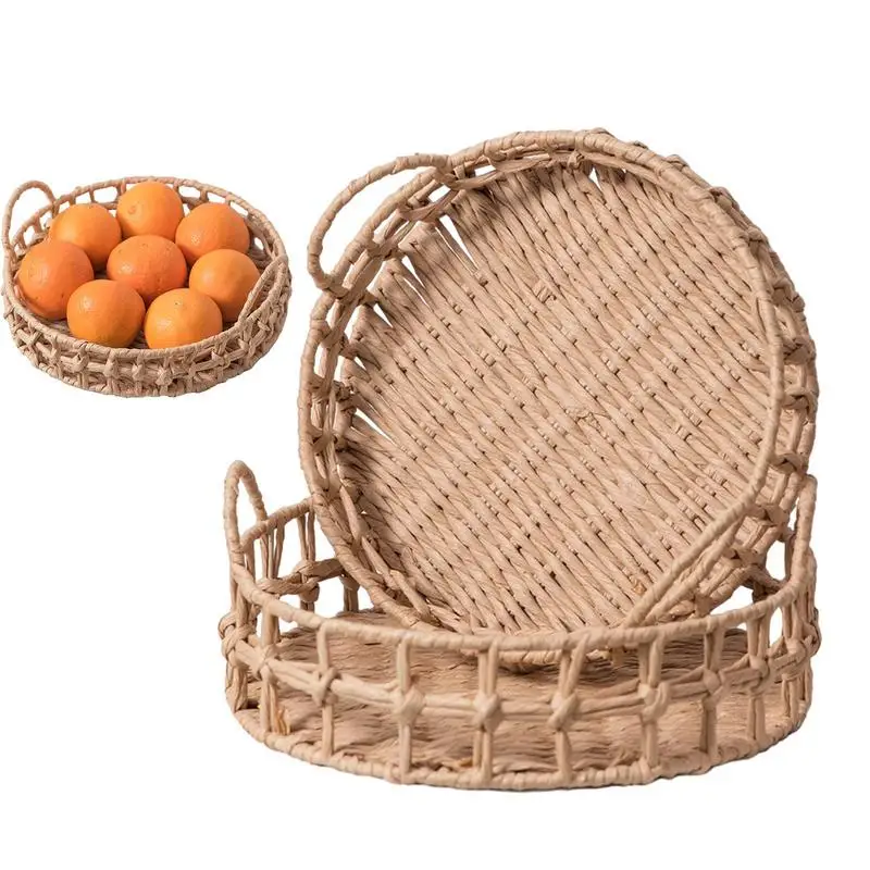 

Woven Kitchen Storage Basket Handwoven Sundries Organizer With Handles Portable Fruit Bread Snacks Rope Basket Home Decoration
