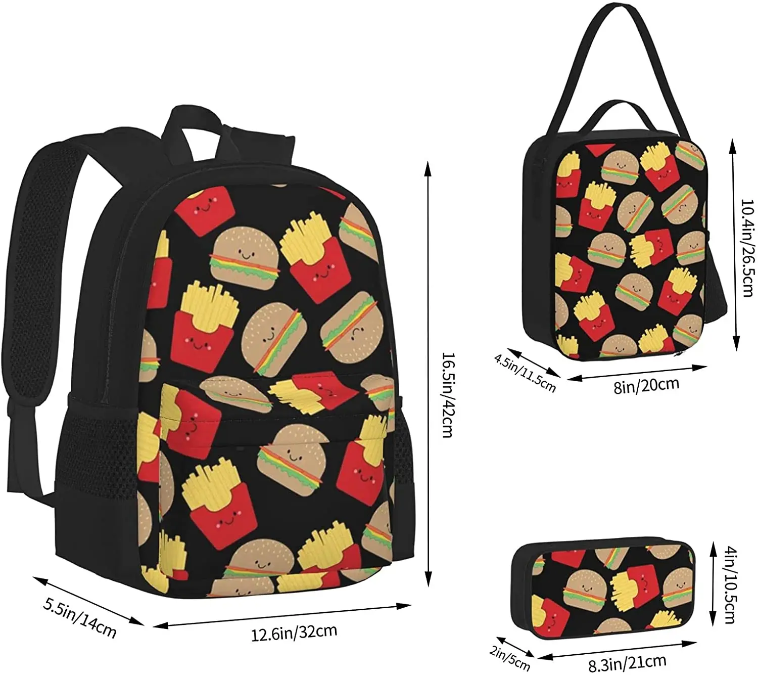 Burger Fries On Black Backpack Set 3-Piece Teen Boys Girls Backpack Messenger Lunch Bag Pencil Case Set