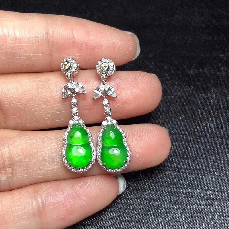 

Natural Hetian jasper gourd inlaid crystal long earings for women charm retro light luxury charm female silver jewelry
