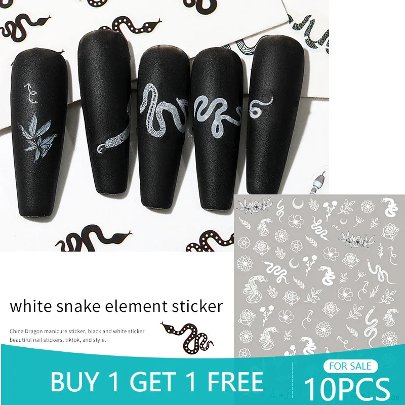 

10PCS 3D Chinese Dragon Element Nail Art Sticker Black and White Snake Self-adhesive Nail Art Slider Nail Decoration Decal