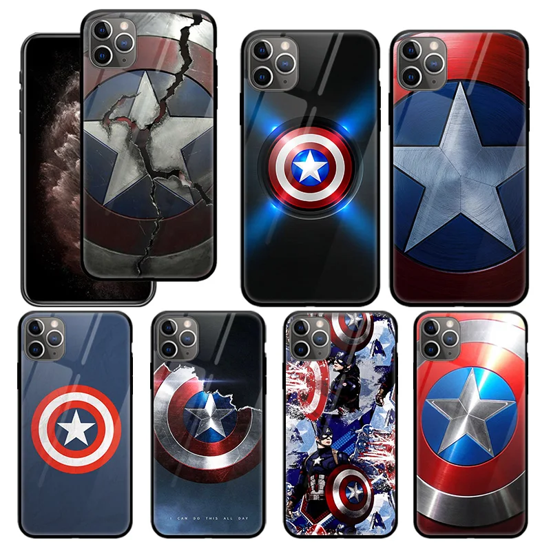 

Marvel Captain America Shield For Apple iPhone 14 13 12 Mini 11 XR XS Pro Max X 8 7 6S SE 2020 Plus Tempered Glass Phone Case