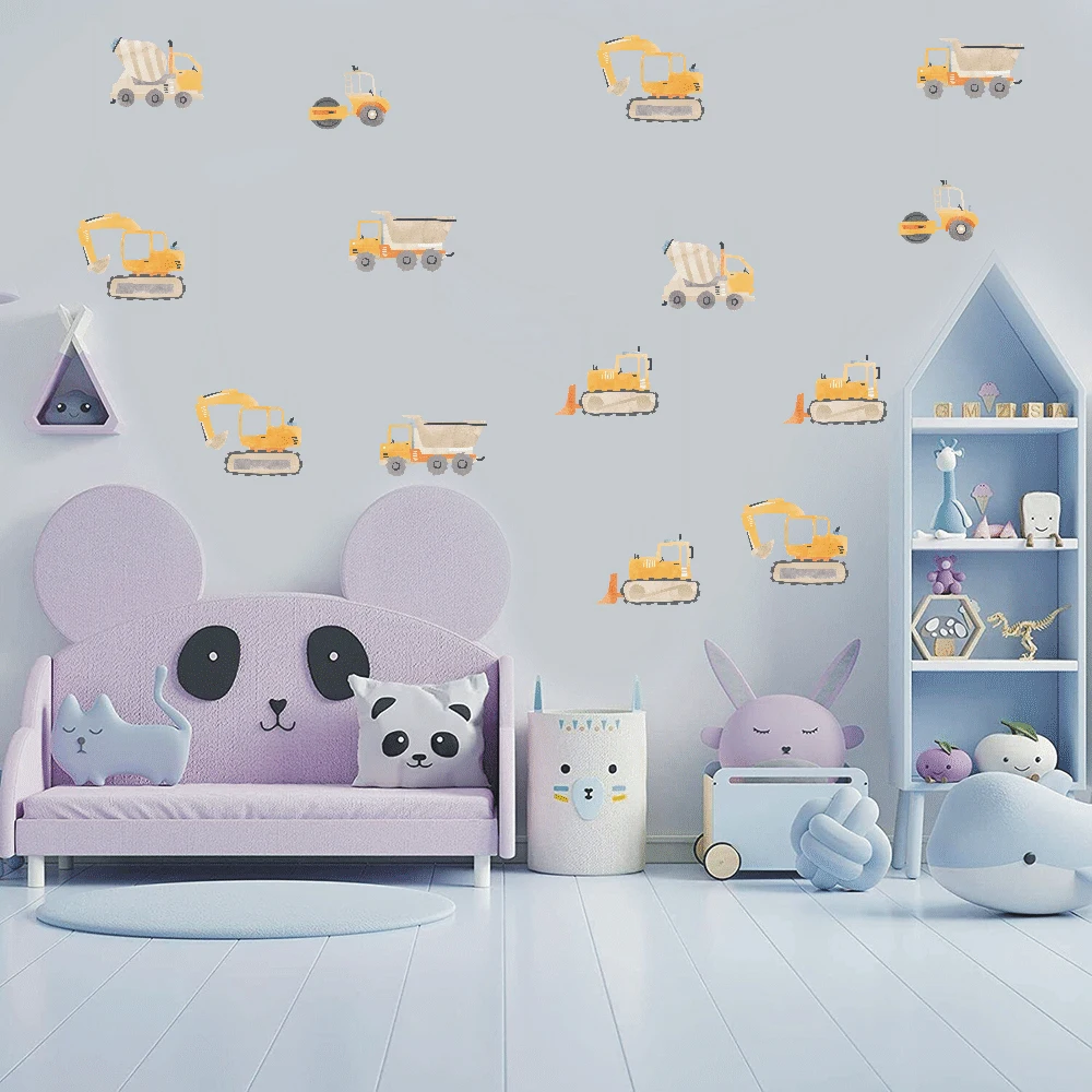 Акварельные строительные грузовики наклейка на стену автомобиля детская