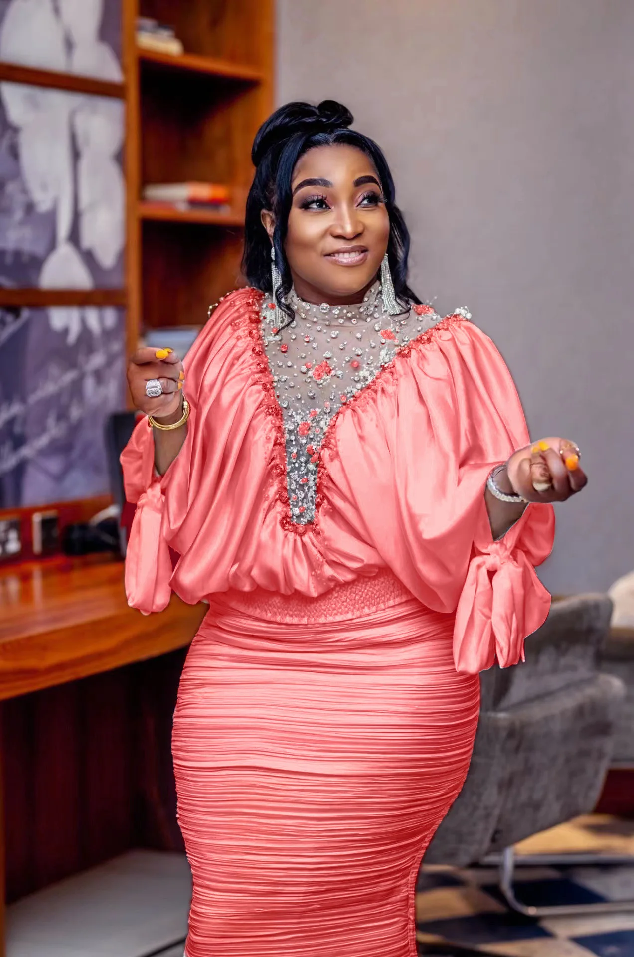 

Женский атласный комплект из двух предметов, элегантный вечерний комплект из двух предметов с сетчатым верхом с бусинами и юбкой со складками и рукавом до локтя для свадьбы и вечеринки, лето