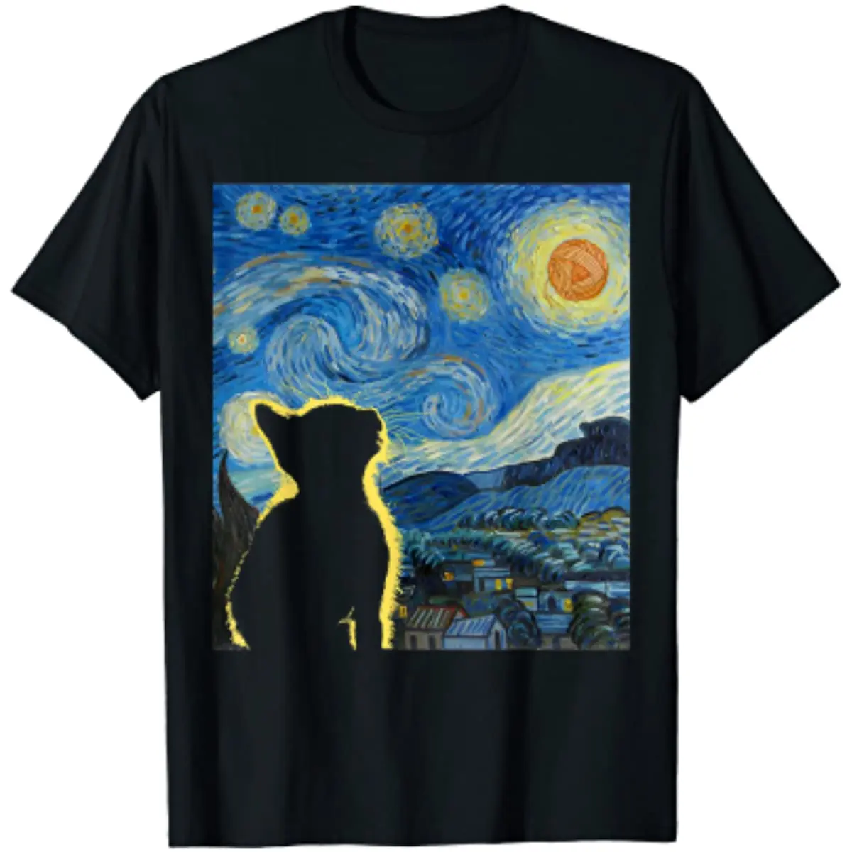 

Starry Night Cat Van Gogh Cat Cat Lover Cat Mom Dad T-Shirt Men T Shirt Graphic T Shirts Casual Cotton Daily Four Seasons Tees